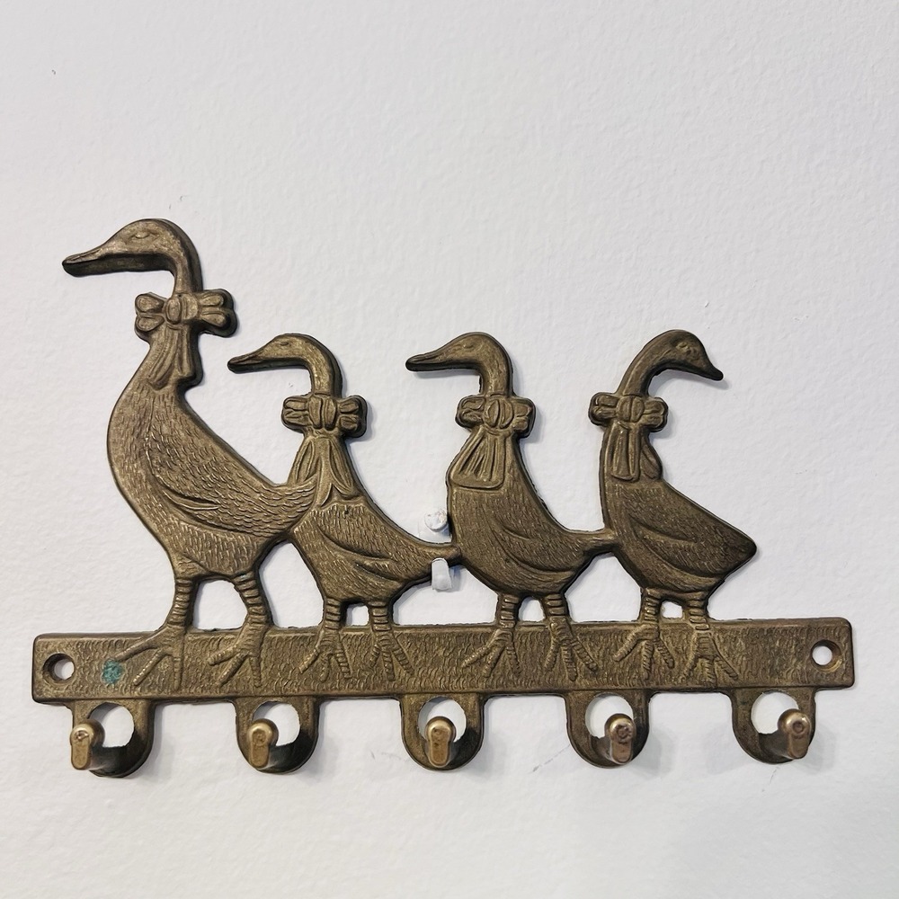 Vintage Brass Geese Duck Wall Key Holder 5 Hooks French Found Cottage Decor